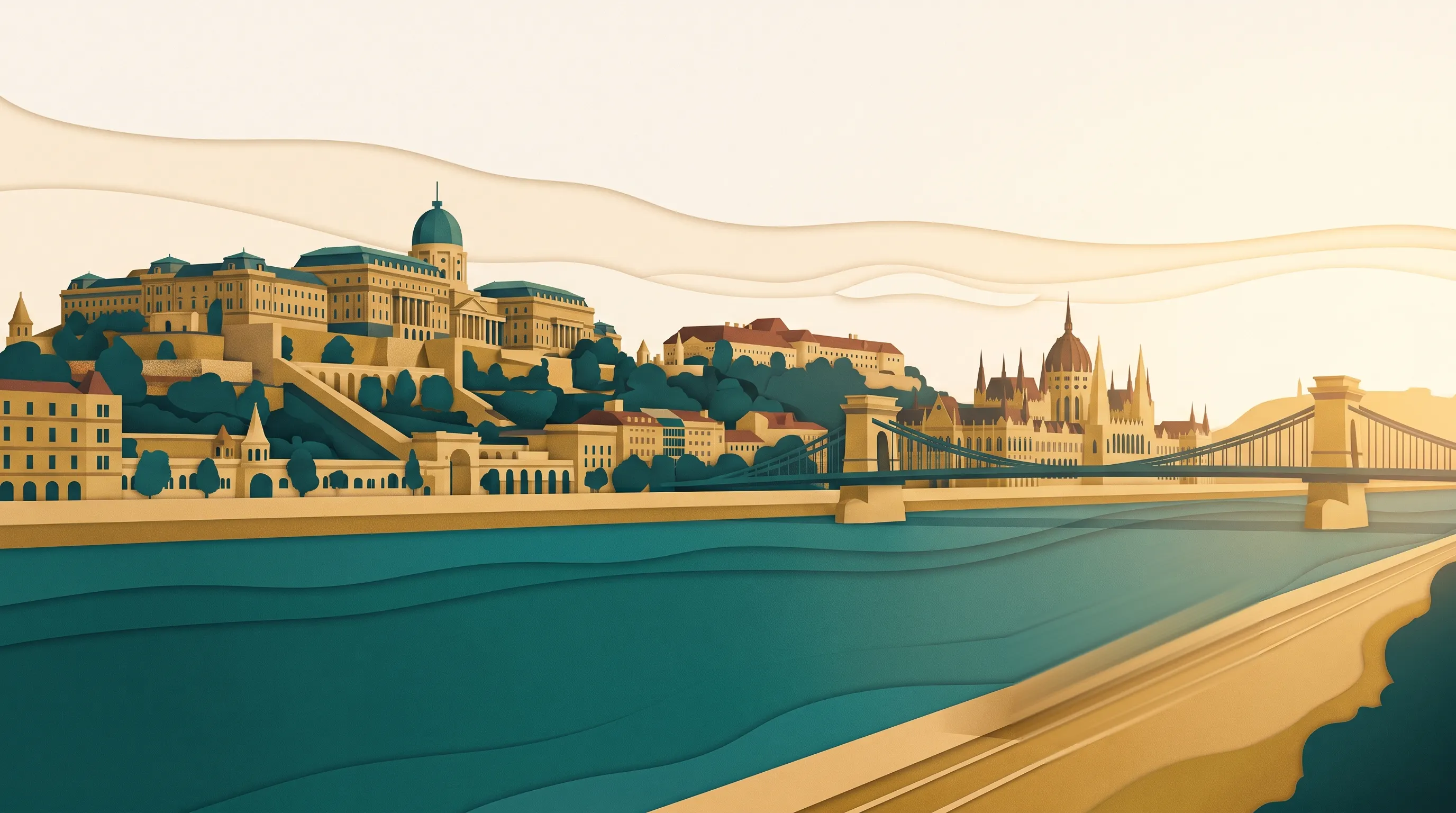 Illusztráció a budapesti látképről a Parlamenttel, a Lánchíddal és a Budai Várral